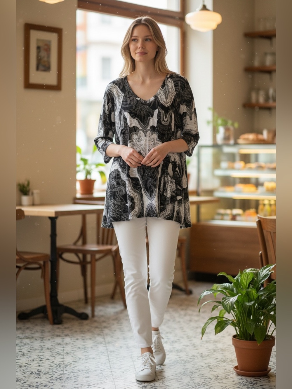 SHANA Women’s Lightweight Black & White Art To Wear Abstract Print Tunic Top, L